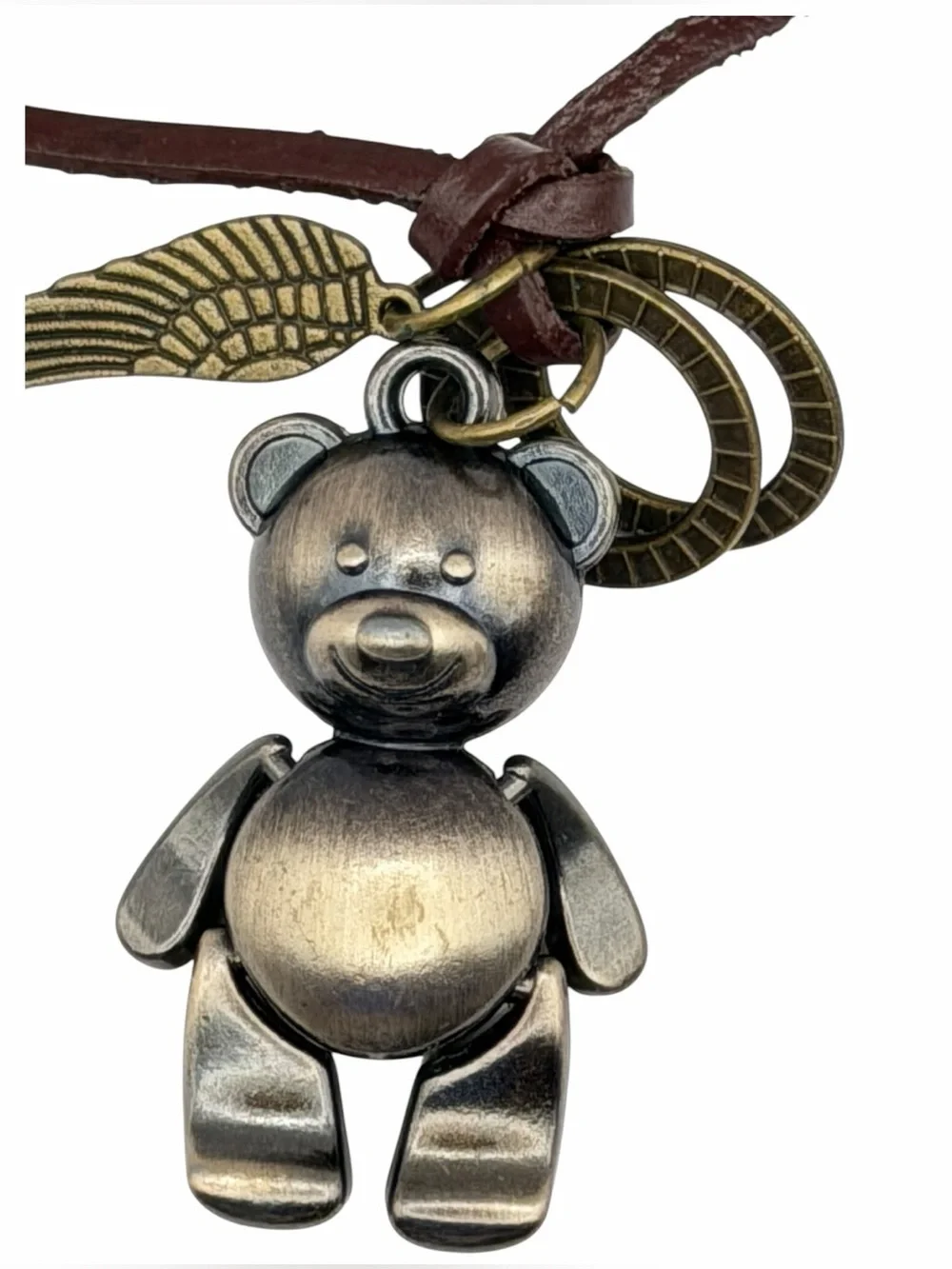 Vintage Style Teddy Bear Pendant Necklace Leather Cord Articulated Boho Charm